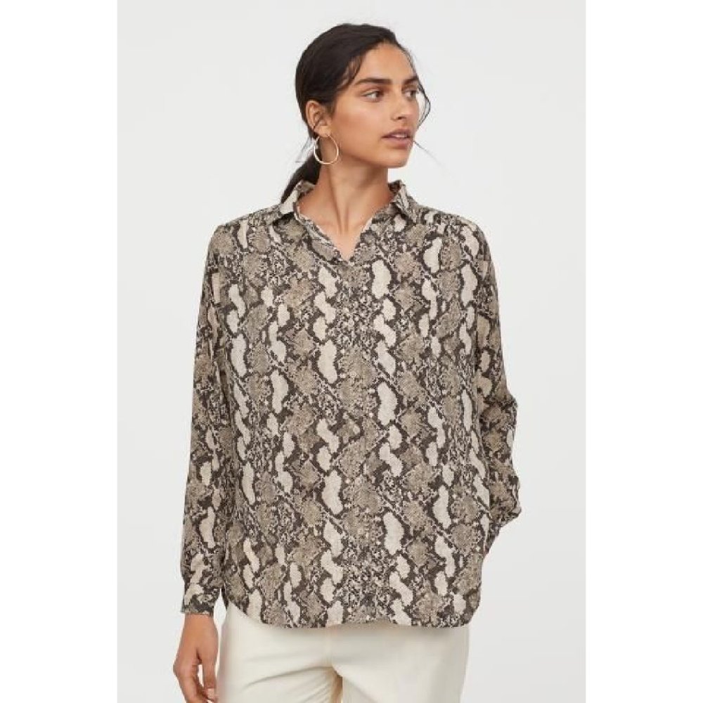 H&M Beige Snakeskin Pattern Chiffon Long Sleeve Blouse